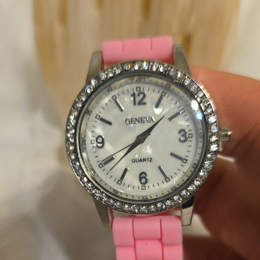 Geneva Quartz Watch with Pink Strap and Rhinestone Bezel - Picture 3 of 9
